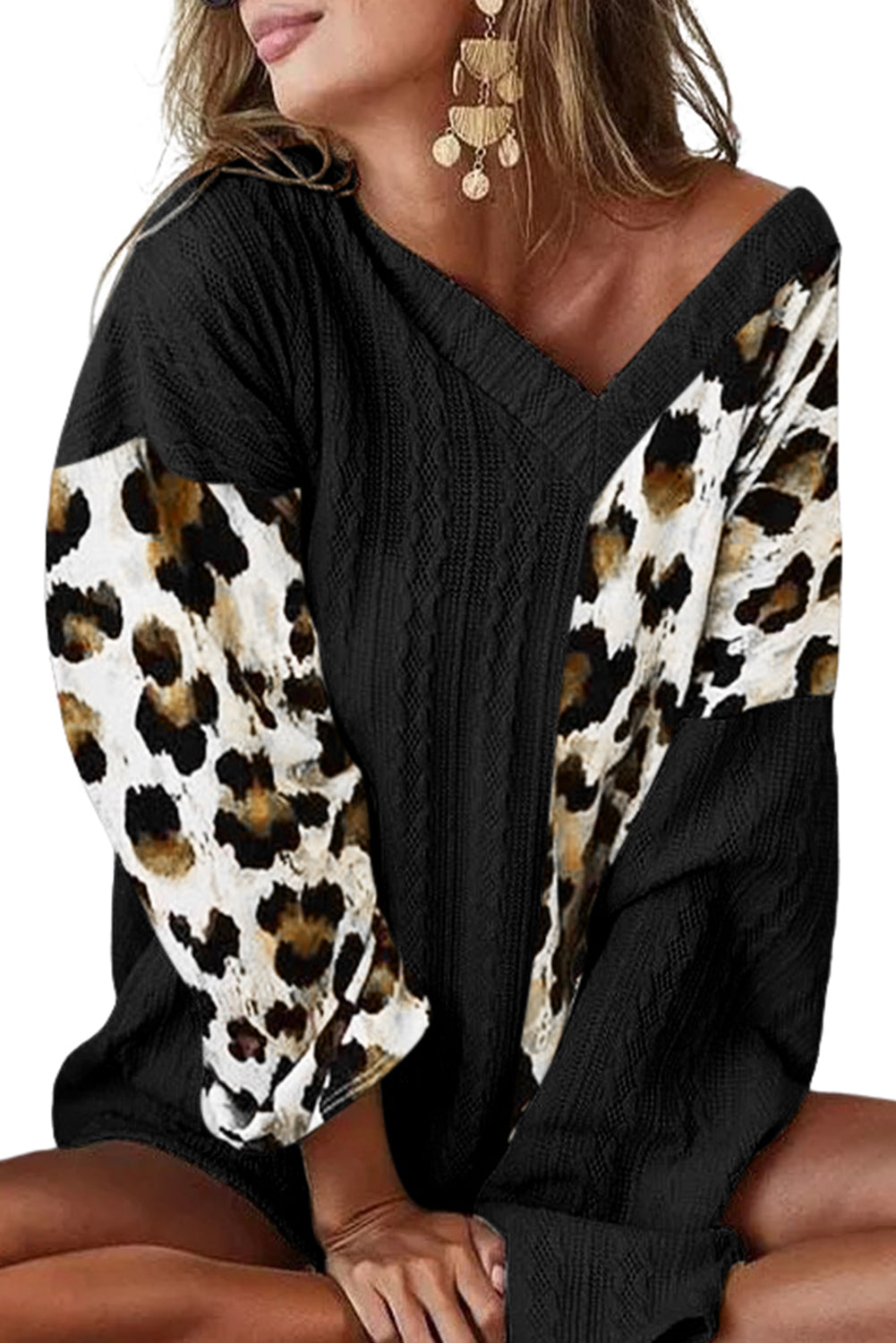 Asymmetric Leopard Patchwork Wide Sleeve V Neck Sweater