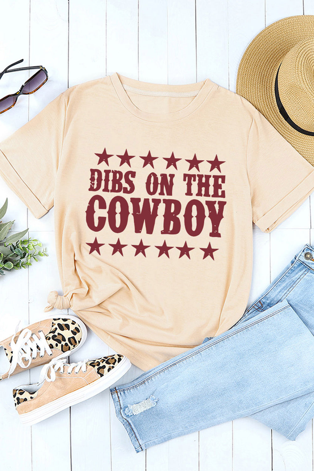 Khaki COWBOY Letter Star Graphic Print Short Sleeve T Shirt