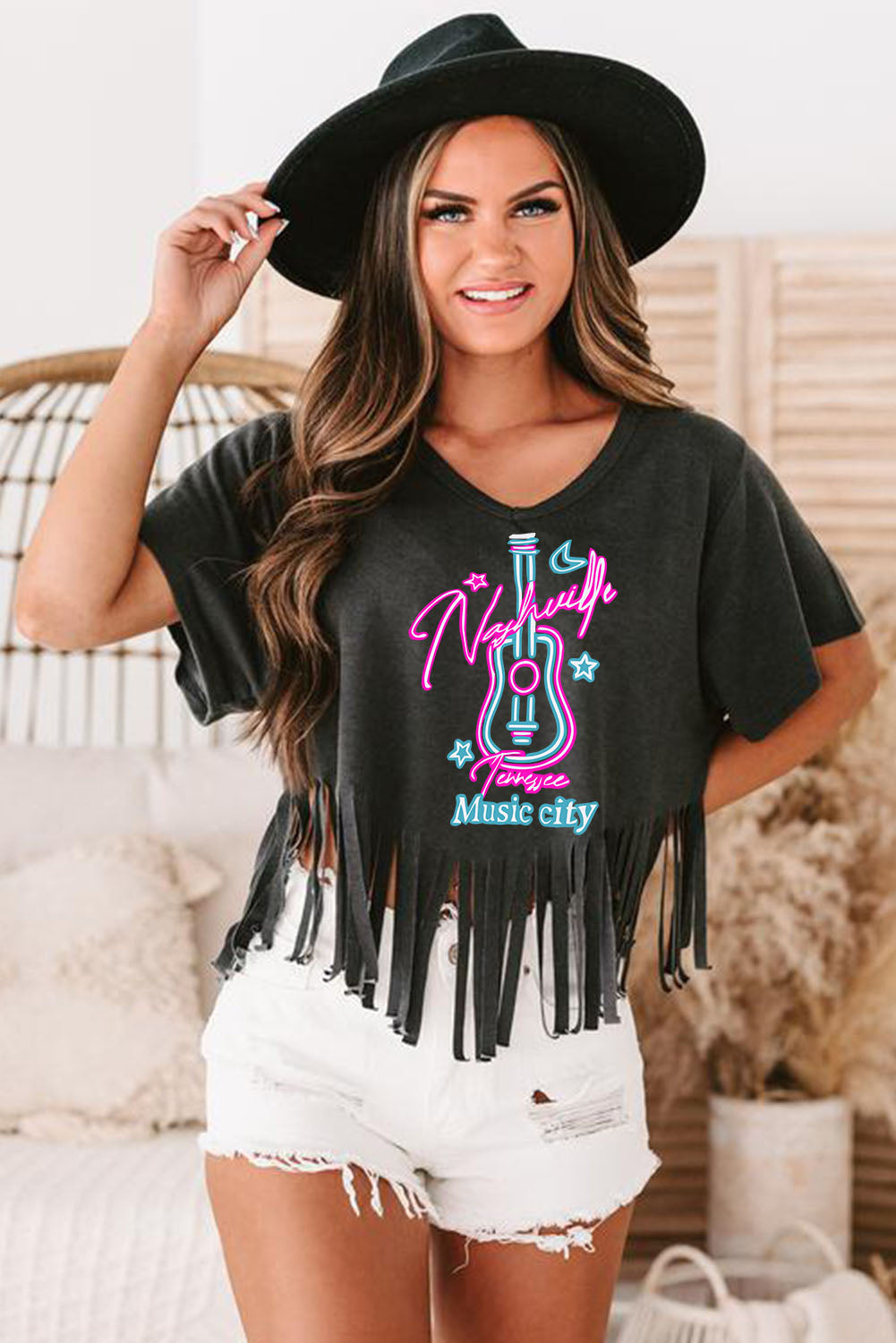 Nashville Guitar Slogan Print Fringed V Neck Graphic Tee