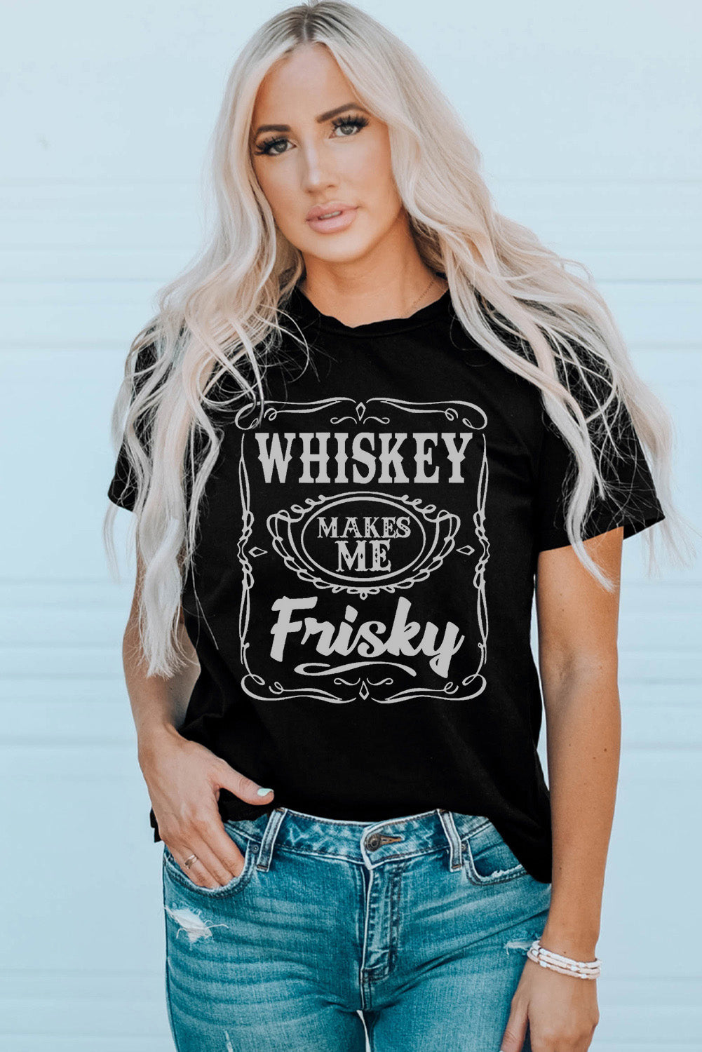 WHISKEY Makes Me Frisky Print Crewneck Graphic Tee