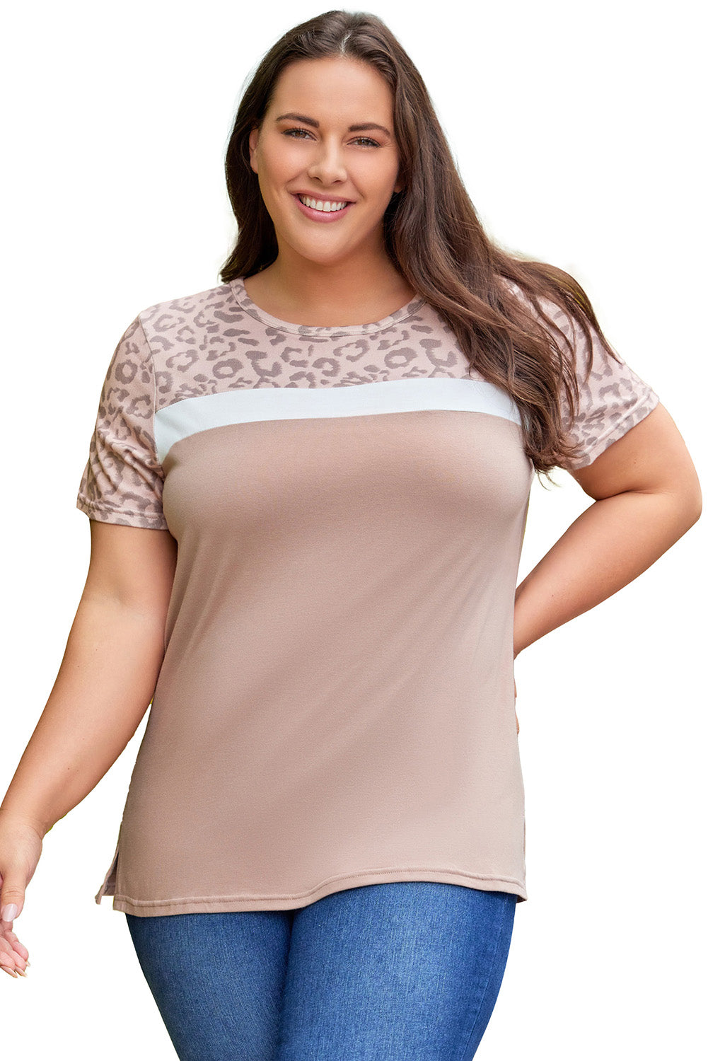 Khaki Leopard Yoke Color Block Plus Size Top