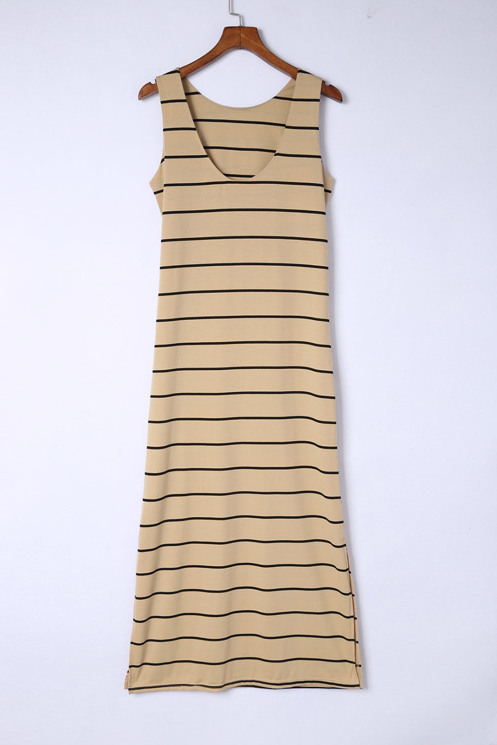 Khaki Stripe Print Open Back Sleeveless Maxi Dress with Slits