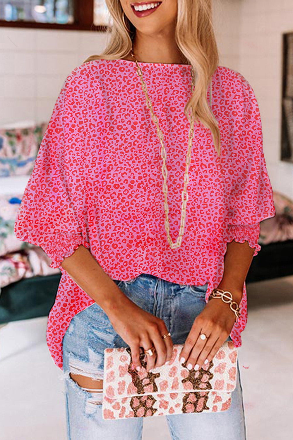 Oversized Leopard Puff Sleeve Blouse