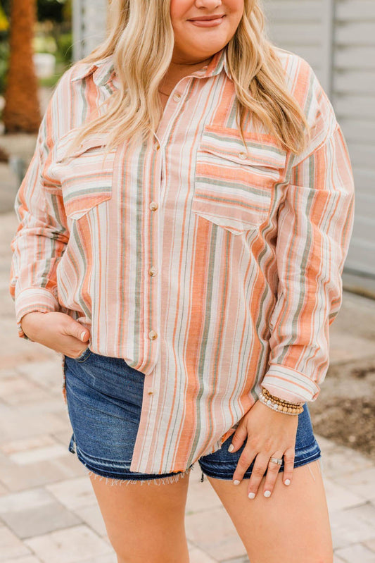 Plus Size Striped Shirt with Chest Pockets