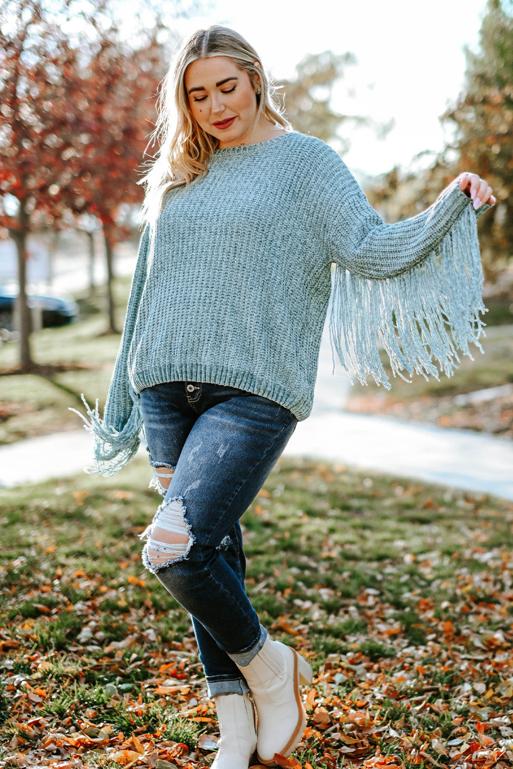 Plus Size Fringed Long Sleeve Knit Sweater